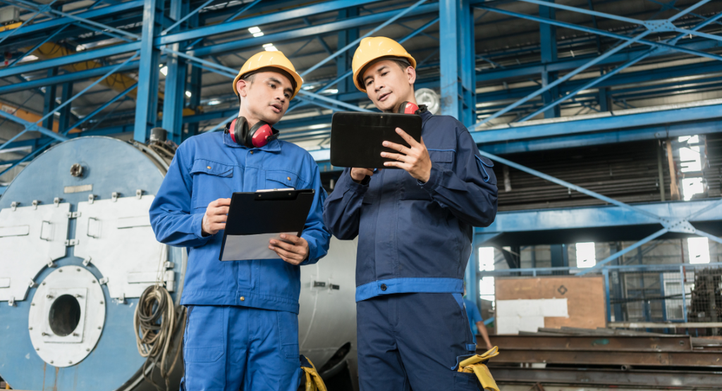 Ingeniero llevando el control en tiempo real de sus operaciones con una tablet en la mano y un compañero a su lado.